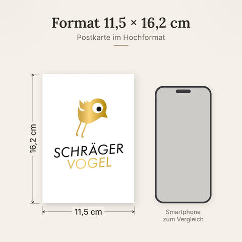 Postkarte im Format 11,5 x 16,2 cm, Größenvergleich mit Smartphone