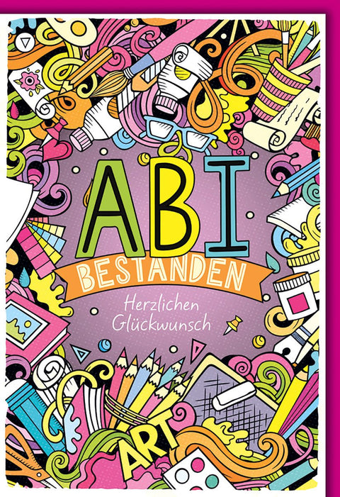 Abitur Glückwunschkarte – Bunte Kunstmotive mit verspieltem Design und Schriftzug
