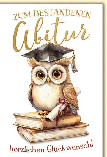 Abitur Glückwunschkarte – Eule mit Doktorhut auf Büchern im Aquarellstil