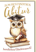 Abitur Glückwunschkarte – Eule mit Doktorhut auf Büchern im Aquarellstil