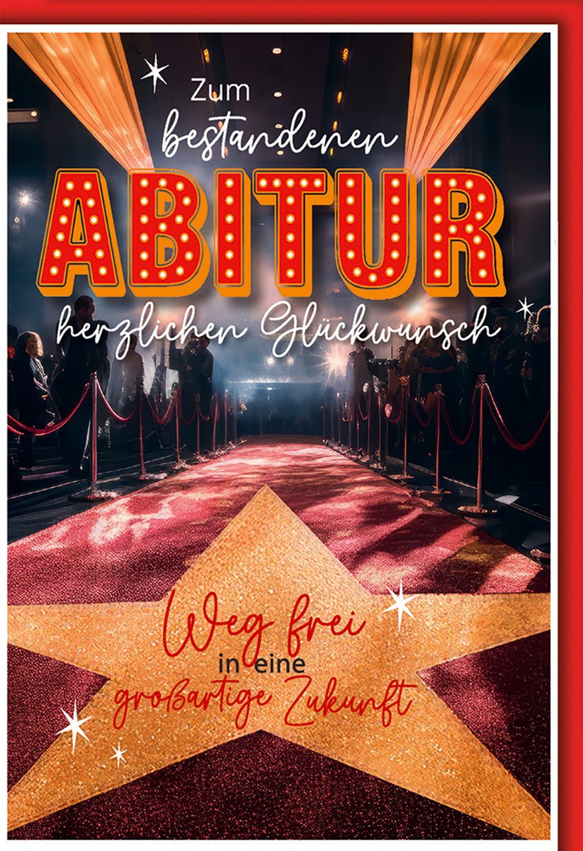 Abitur Glückwunschkarte – Roter Teppich mit Stern und glamourösem Lichterdesign