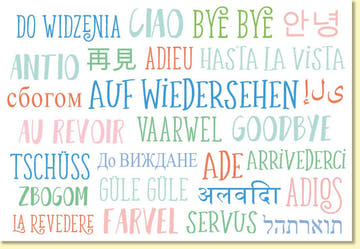 Abschiedskarte Auf Wiedersehen bunte Grußkarte mit internationalen Sprüchen verschiedene Sprachen hochwertiges Design für Kollegen Freunde