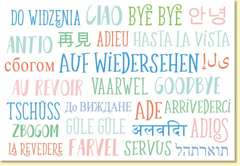 Abschiedskarte Auf Wiedersehen bunte Grußkarte mit internationalen Sprüchen verschiedene Sprachen hochwertiges Design für Kollegen Freunde