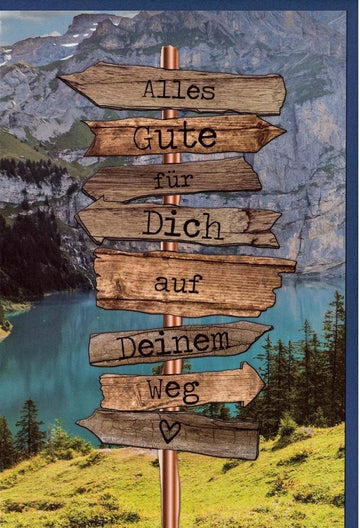 Abschiedskarte – Berge & Natur, Holzschilder Design – Perfekt für Umzug, Reise & neue Abenteuer