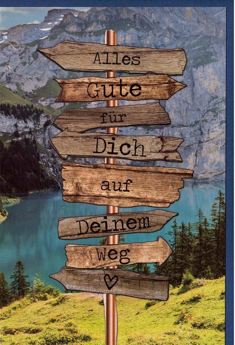 Abschiedskarte – Berge & Natur, Holzschilder Design – Perfekt für Umzug, Reise & neue Abenteuer