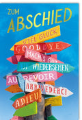 Abschiedskarte: Bunter Wegweiser, Mehrsprachige Grüße von Galerie Dominique
