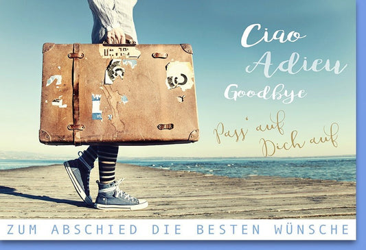 Abschiedskarte für Reisende - "Meeresblick & Reiselust" mit Strand - und Koffermotiv, Verlag Dominique farfalla, Wünsche zum Abschied
