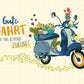 Abschiedskarte: Gute Fahrt und blühende Zukunft - Roller & Blumen mit Folienprägung