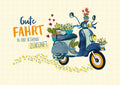 Abschiedskarte: Gute Fahrt und blühende Zukunft - Roller & Blumen mit Folienprägung