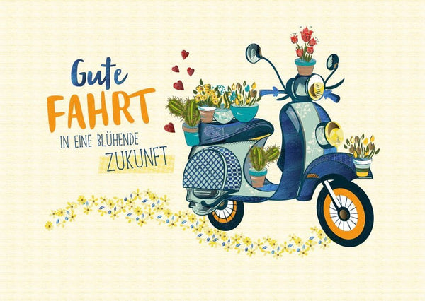 Abschiedskarte: Gute Fahrt und blühende Zukunft - Roller & Blumen mit Folienprägung