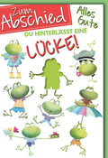 Abschiedskarte Kollegen – Fröhliche Frösche mit Humor und buntem Design