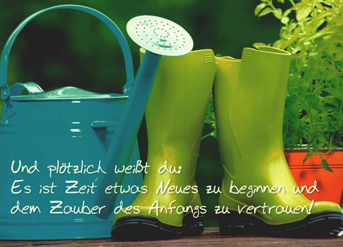 Abschiedskarte mit Gießkanne und Gummistiefeln für Neuanfang liebevoller Spruch Karte zum Abschied Gartenmotiv Mut Veränderung