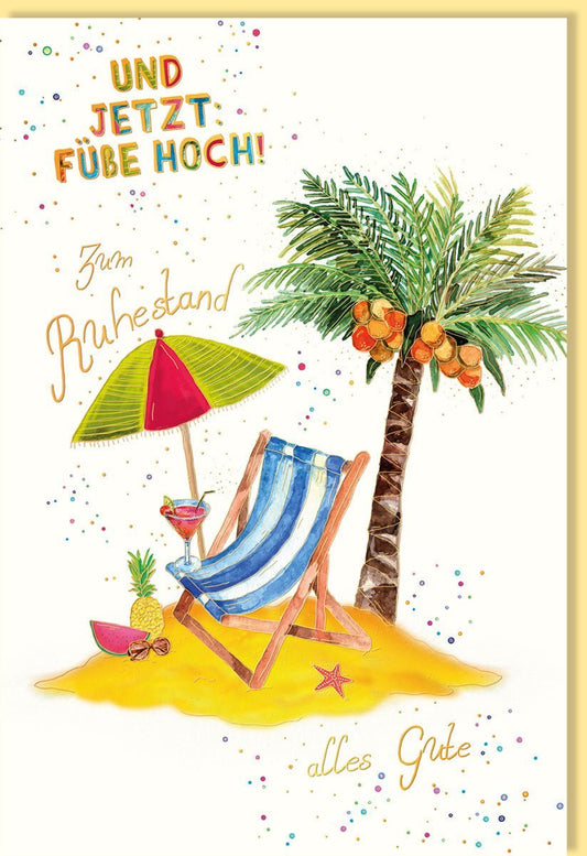 Abschiedskarte Ruhestand - Entspannendes "Füße Hoch" Motiv, Gelbes Stranddesign mit Palme und Sonnenschirm für Rentner Erholung