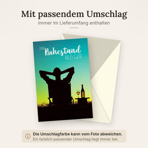 Abschiedskarte Ruhestand - Herzliche Wünsche zur Pensionierung mit Sonnenuntergang für entspannte Zeiten