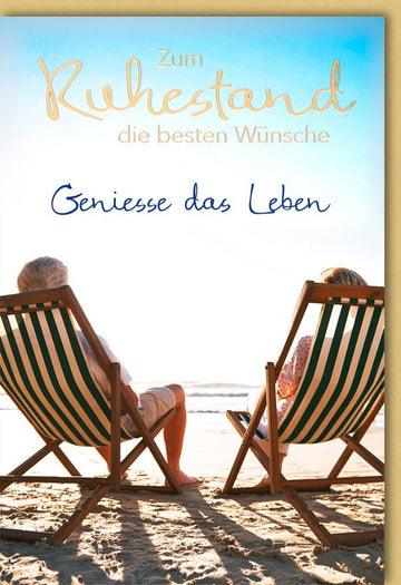 Abschiedskarte Ruhestand - Strandmotiv mit Liegestühlen & Meer für entspannte Pensionierungsträume