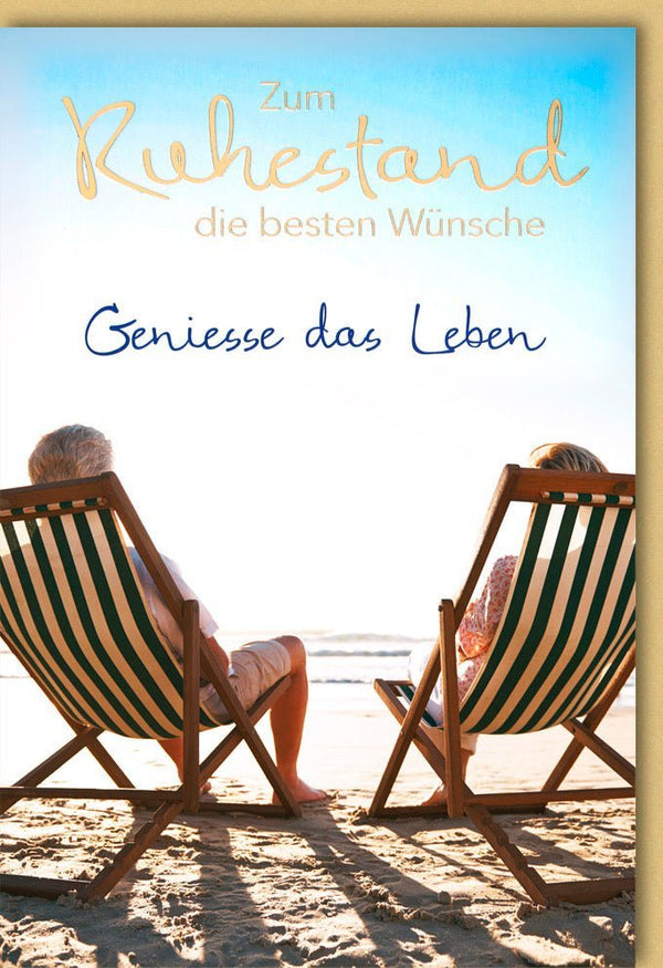 Abschiedskarte Ruhestand - Strandmotiv mit Liegestühlen & Meer für entspannte Pensionierungsträume