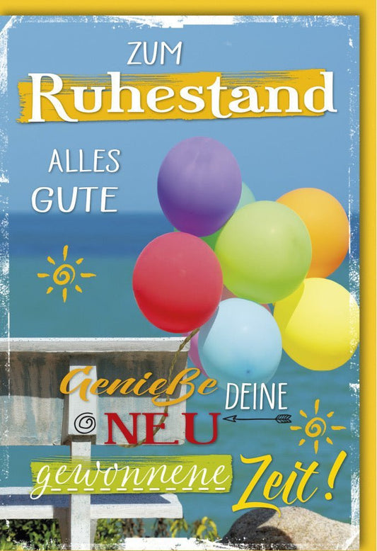 Abschiedskarte Ruhestand: Strandmotiv mit Luftballons - Herzliche Glückwünsche zum neuen Lebensabschnitt