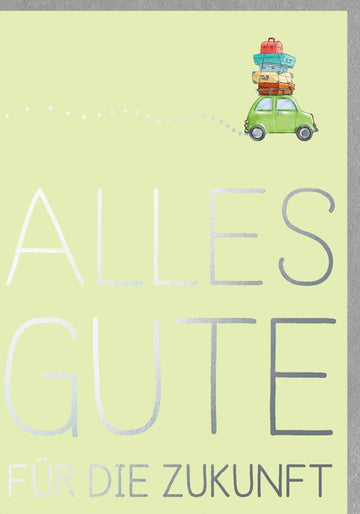 Abschiedskarte Skorpion - Sternzeichenkarte mit Auto & Gepäck, Reise in die Zukunft Illustration, Grüntöne für Glück & Wünsche