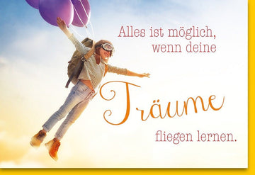Abschiedskarte: Träume & Freiheit - Abenteuer - Grußkarte mit Ballons und Sonnenuntergang für Ermutigung und Positivität
