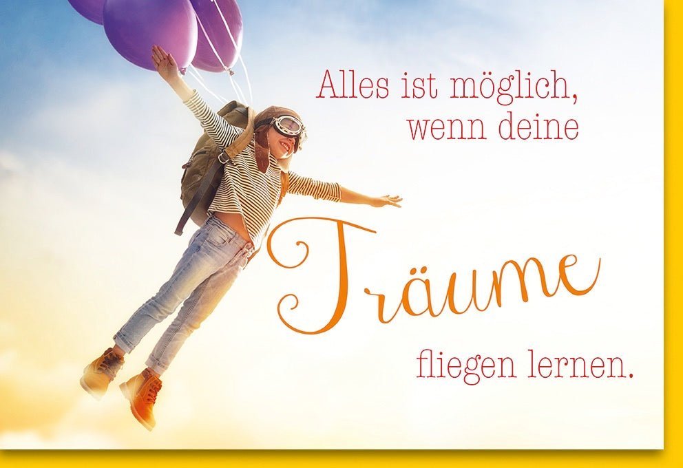 Abschiedskarte: Träume & Freiheit - Abenteuer - Grußkarte mit Ballons und Sonnenuntergang für Ermutigung und Positivität