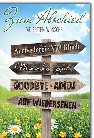 Abschiedskarte Viel Glück – Wegweiser mit internationalen Abschiedsgrüßen im Sommerfeld