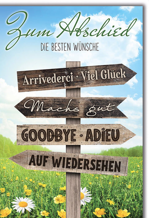 Abschiedskarte Viel Glück – Wegweiser mit internationalen Abschiedsgrüßen im Sommerfeld