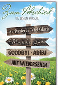 Abschiedskarte Viel Glück – Wegweiser mit internationalen Abschiedsgrüßen im Sommerfeld