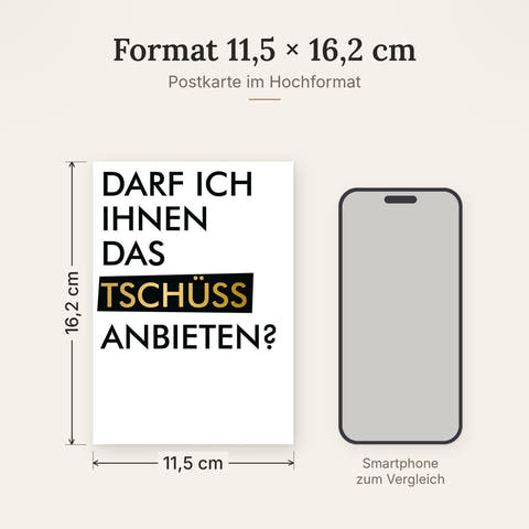 Abschiedskarte witzige Postkarte mit Spruch Darf ich Ihnen das Tschüss anbieten moderne Grußkarte schwarz gold für Kollegen Abschied