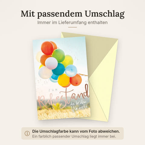 Abschiedskarte zur Pensionierung: Elegante Glückwünsche mit Luftballons & Folienprägung für den Ruhestand