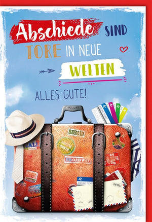 Abschiedskarte zur Weltreise: Gute Reise & Abenteuerlust - Grußkarte mit Koffer-Sticker Design