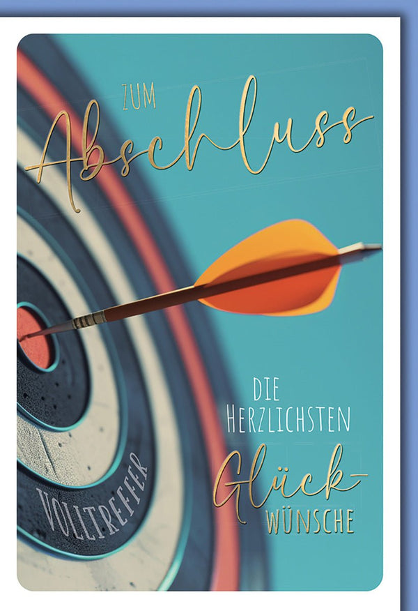 Abschlusskarte Prüfung – Zielscheibe mit Pfeil und modernem Design in Blau-Orange