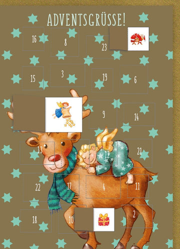 Adventskalender Weihnachtskarte mit Rentier, Festliche Türchen & Sterne, Besinnliche Grüße in Braun - Blau, Weihnachten Countdown