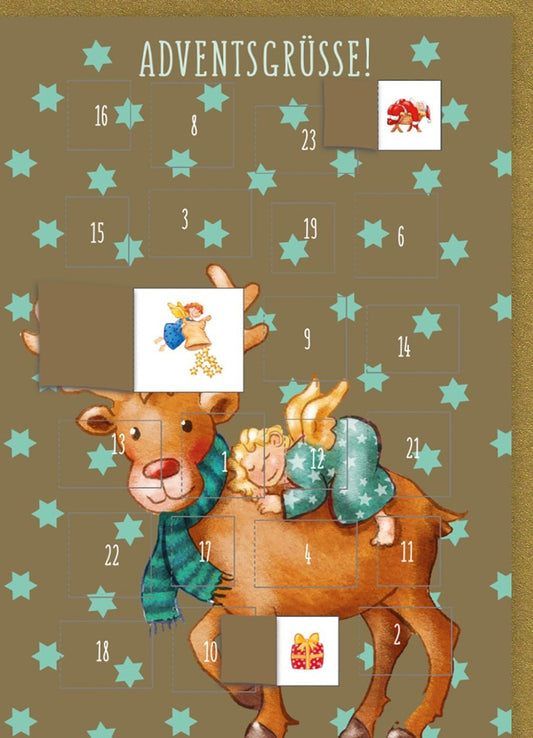 Adventskalender Weihnachtskarte mit Rentier, Festliche Türchen & Sterne, Besinnliche Grüße in Braun - Blau, Weihnachten Countdown