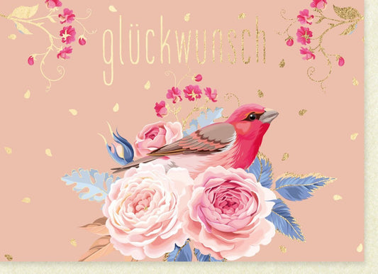 Allgemeine Glückwunschkarte – Elegantes Rosenmotiv mit Rotem Vogel für Jeden Anlass
