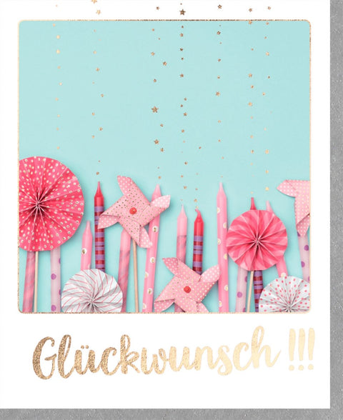 Allgemeine Glückwunschkarte – Rosa Sterne Glitzer mit Kerzen & Windrädchen, Festliche Karte voller Freude