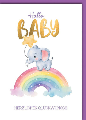 Babykarte Geburt: Aquarell - Elefant auf Regenbogen mit Stern - Ballon, pastell - elegant