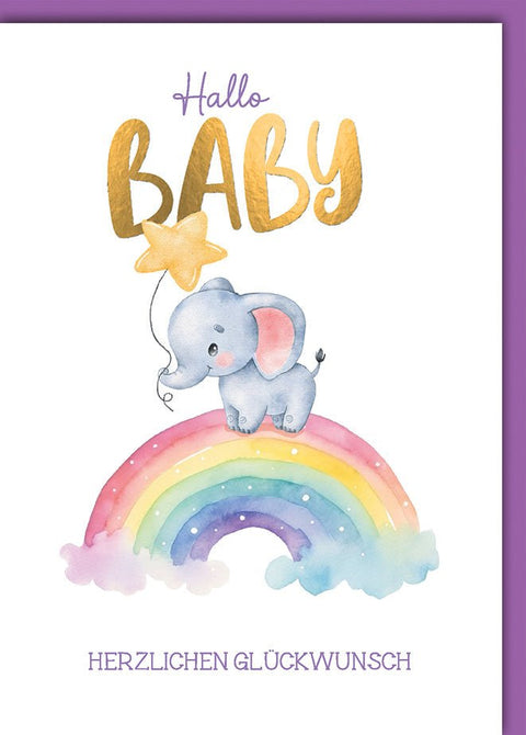 Babykarte Geburt: Aquarell - Elefant auf Regenbogen mit Stern - Ballon, pastell - elegant