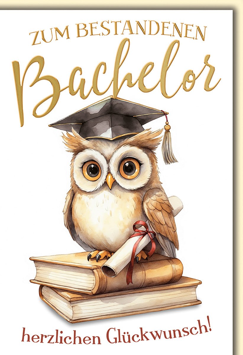 Bachelor Glückwunschkarte – Eule mit Doktorhut auf Büchern in Aquarell - Optik
