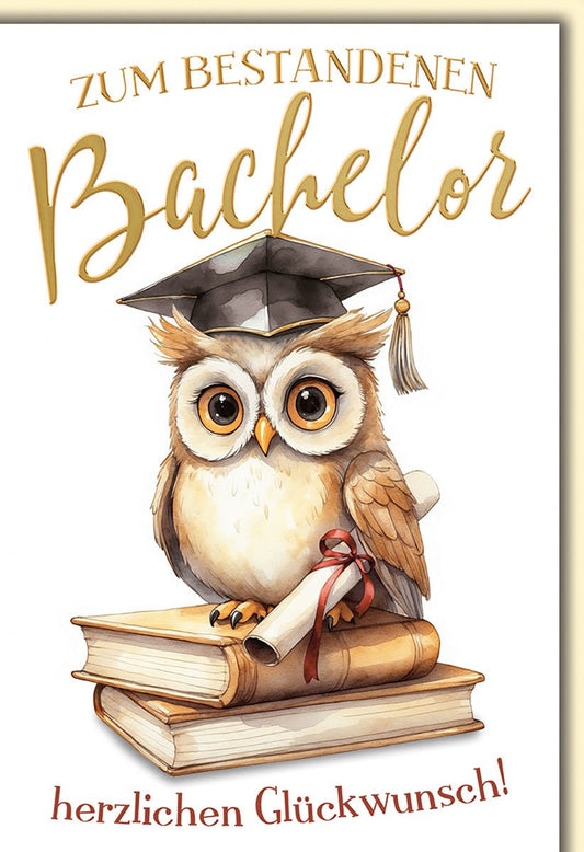 Bachelor Glückwunschkarte – Eule mit Doktorhut auf Büchern in Aquarell - Optik