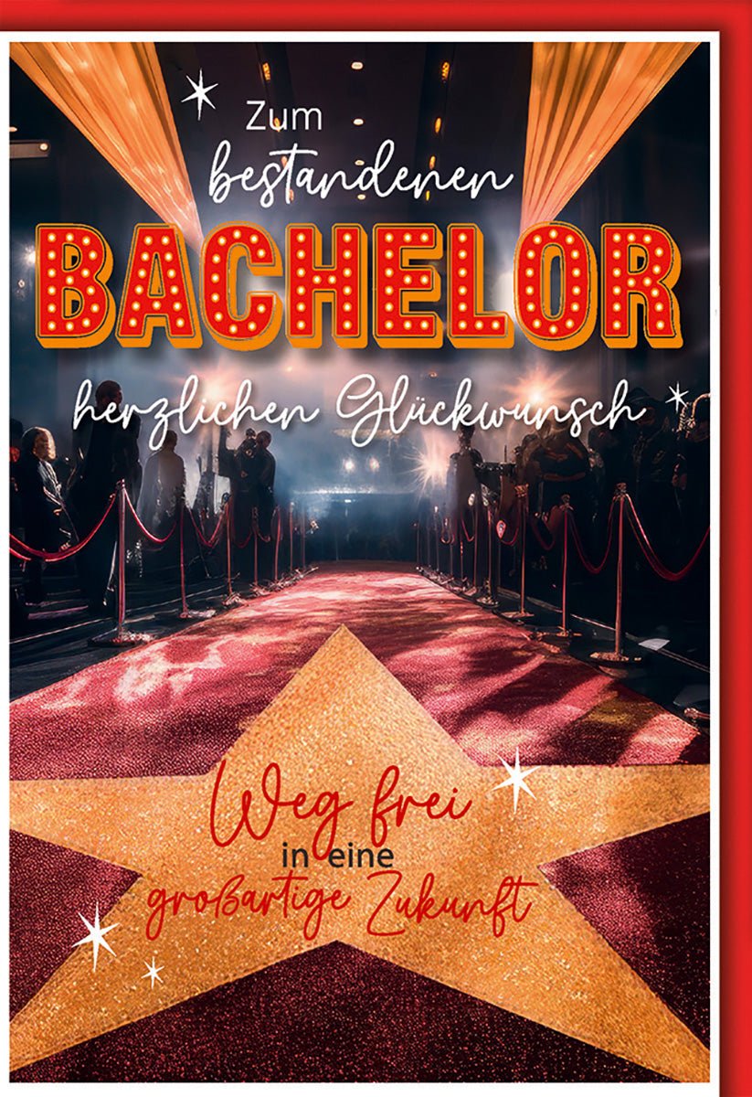 Bachelor Glückwunschkarte – Roter Teppich mit leuchtendem Stern und glamourösem Design