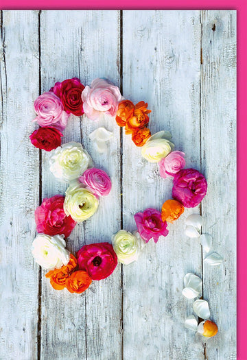 Blanko Grußkarte Blumen – Bunte Ranunkeln auf rustikalem Holz mit rosa Rand