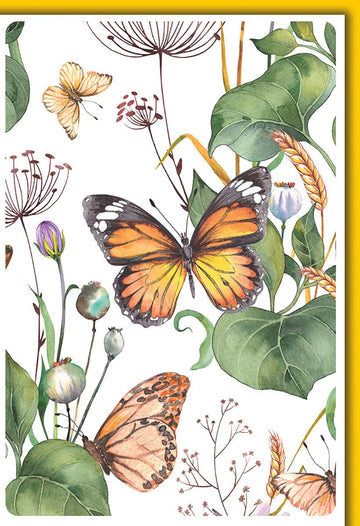 Blanko - Karte Natur – Schmetterlinge und Wildblumen in Aquarell auf weißem Hintergrund