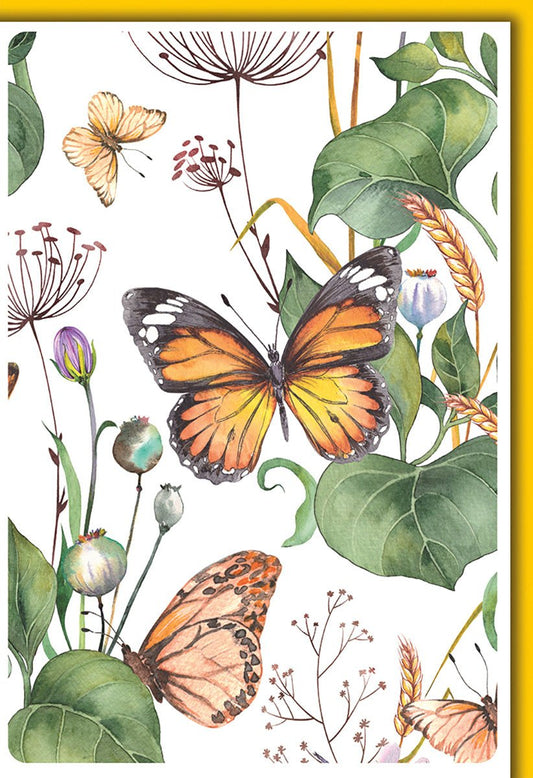 Blanko - Karte Natur – Schmetterlinge und Wildblumen in Aquarell auf weißem Hintergrund