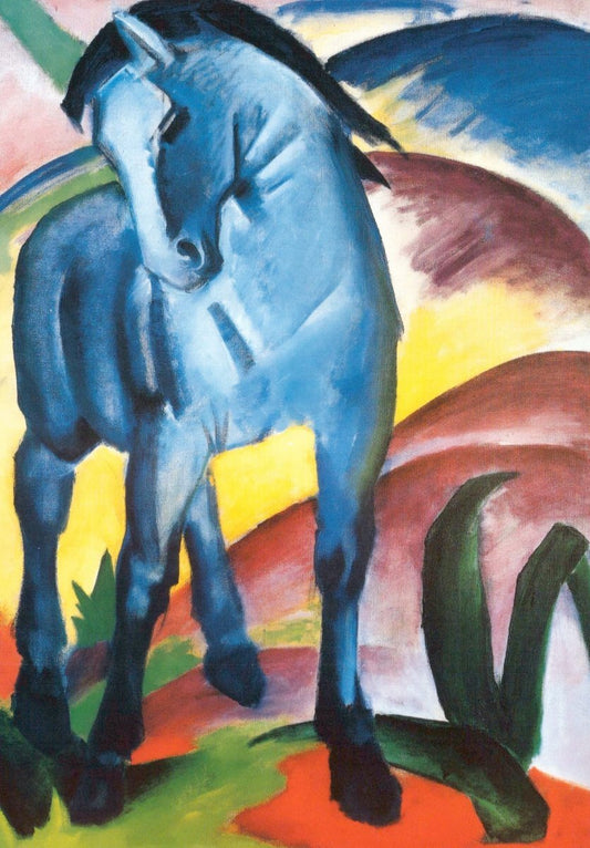 Blanko Kunstpostkarte Expressionismus - Franz Marc Blaues Pferd, Farbenfrohes Tiermotiv in Blau, Gelb und Rot, Moderner Sammelgegenstand