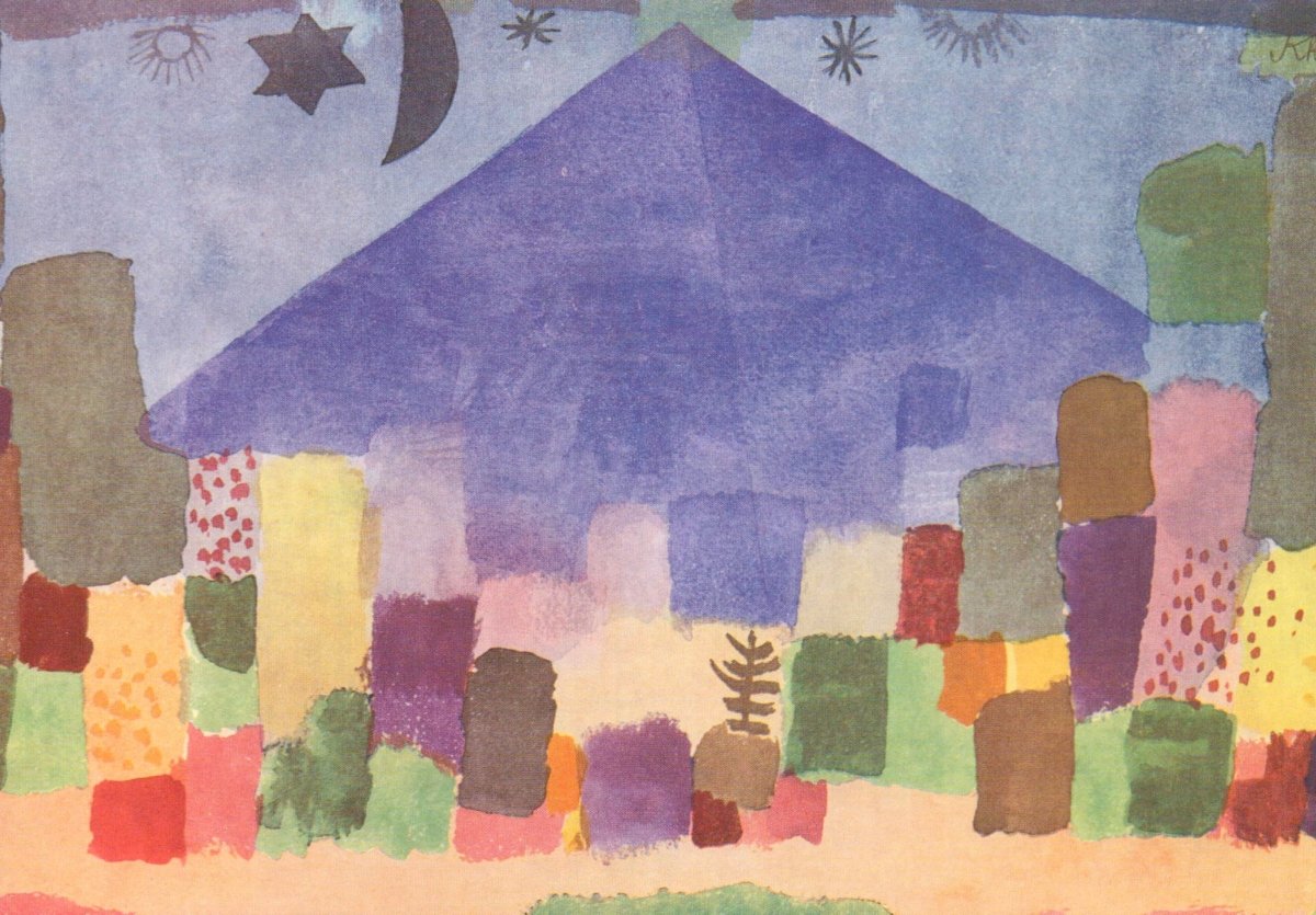 Blanko - Postkarte mit Paul Klees 'Berg Niesen' – Abstrakte Kunst mit Mond und Sternen, Farbblock - Gemälde