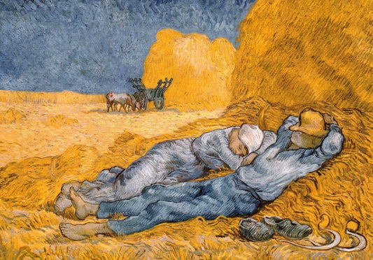 Blanko - Postkarte - Van Gogh "The Siesta" mit Weizenfeld & bäuerlicher Szene, Impressionismus in Gelb & Blau, Vintage Sammlerstück