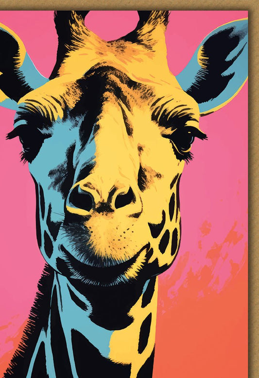 Blanko - Tierkarte – Pop - Art Giraffe in leuchtenden Farben auf pinkem Hintergrund