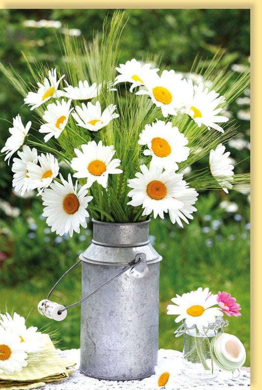 Blankokarte für Frühlings - und Sommergrüße: Margeritenstrauß in Zinkkanne – Ideal für Gartenliebhaber, Weiß & Grün