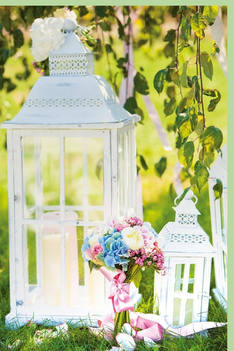 Blankokarte für Gartenfeiern - Laternenmotiv mit Blumenstrauß & Schleife in Grün, Weiß & Rosa