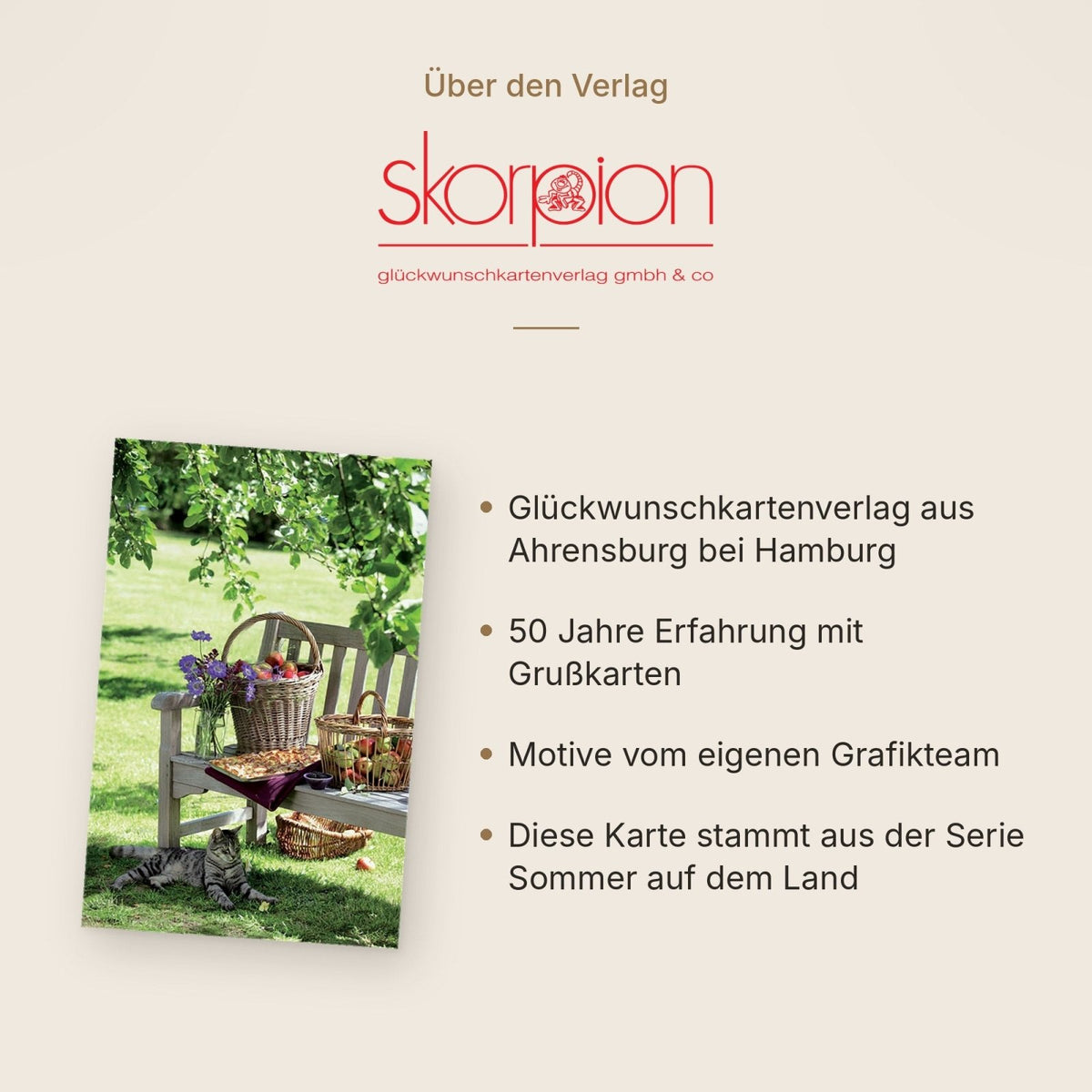 Blankokarte: Idyllischer Garten mit Katze, Apfel & Blumen – Sommerliche Naturkarte für Ruhe und Entspannung